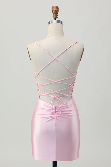 Blush Pink Bodycon Spaghetti Straps Short Homecoming Dress with Lace Up Back